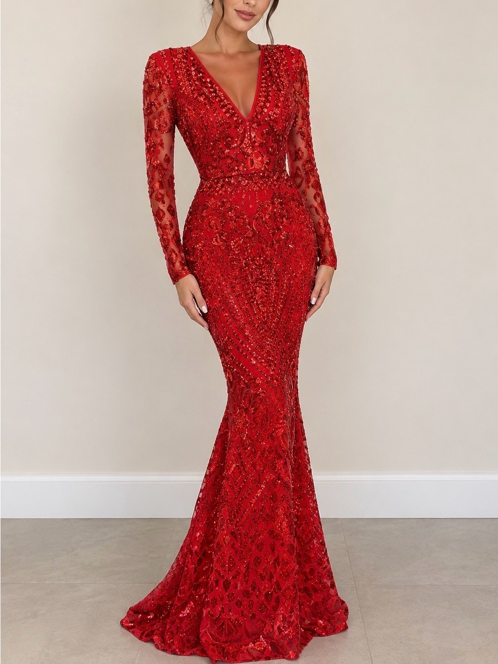 Red Sequin Mesh Lined V-Neck Long Sleeve Mermaid Gown Xs